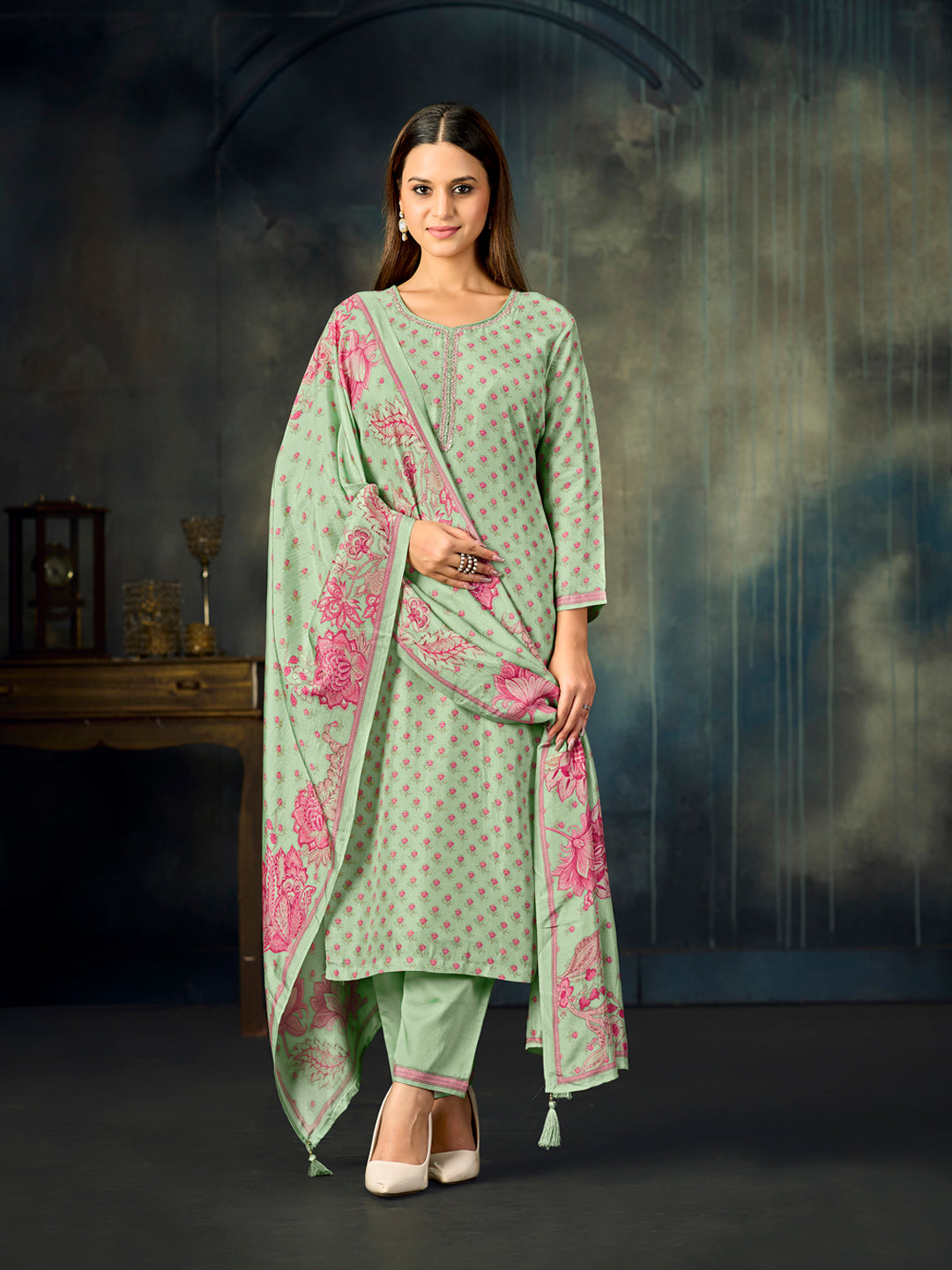 Turquoise Printed With Handwork Straight Kurta With Dyed Trousers And Printed Dupatta