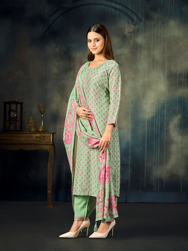 Turquoise Printed With Handwork Straight Kurta With Dyed Trousers And Printed Dupatta