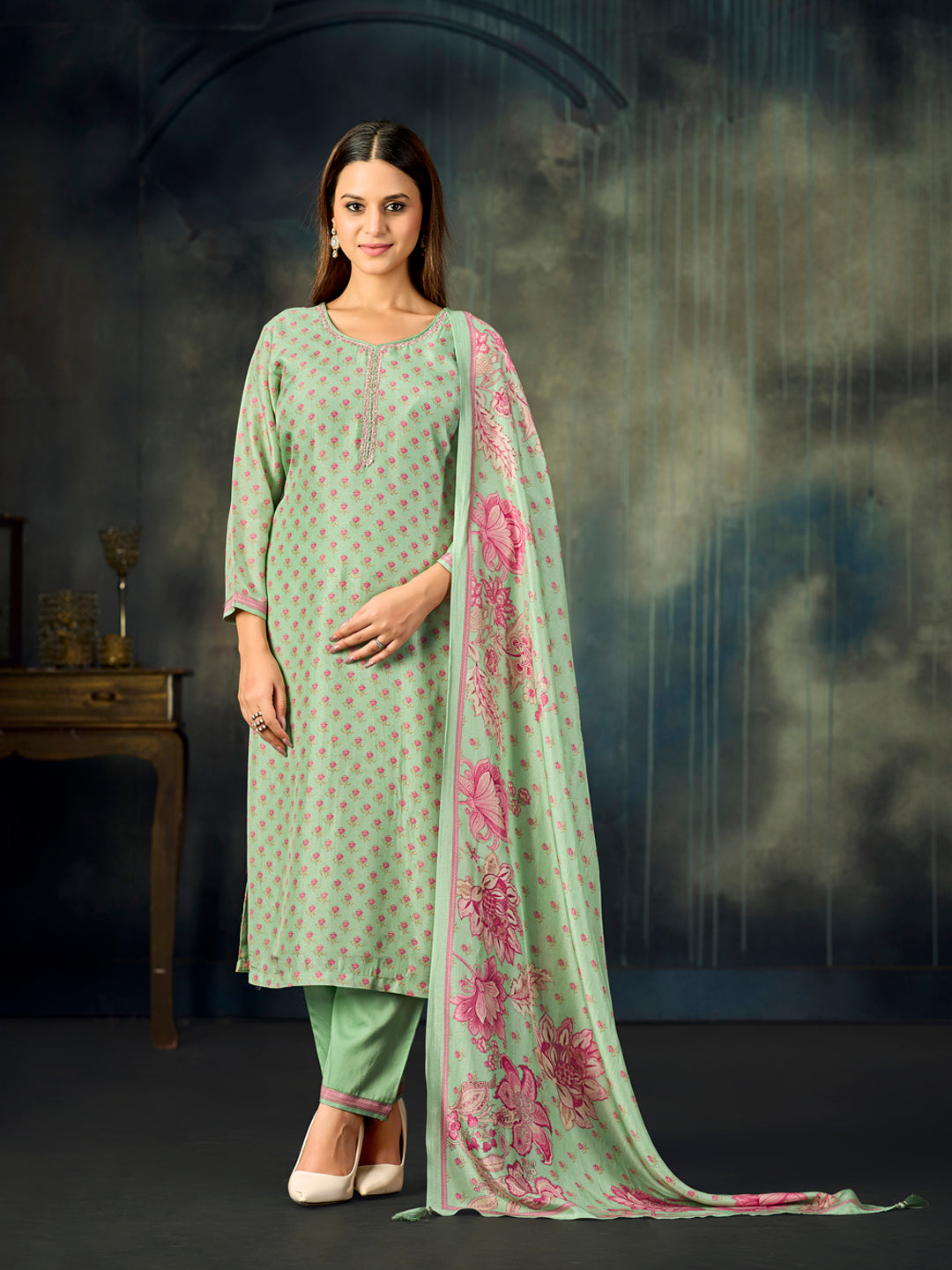 Turquoise Printed With Handwork Straight Kurta With Dyed Trousers And Printed Dupatta