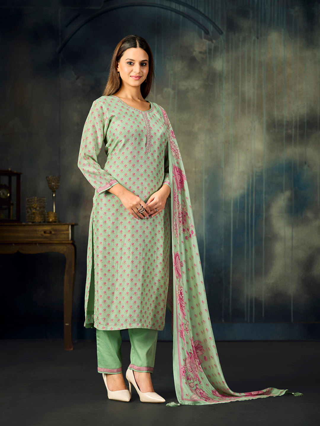 Turquoise Printed With Handwork Straight Kurta With Dyed Trousers And Printed Dupatta