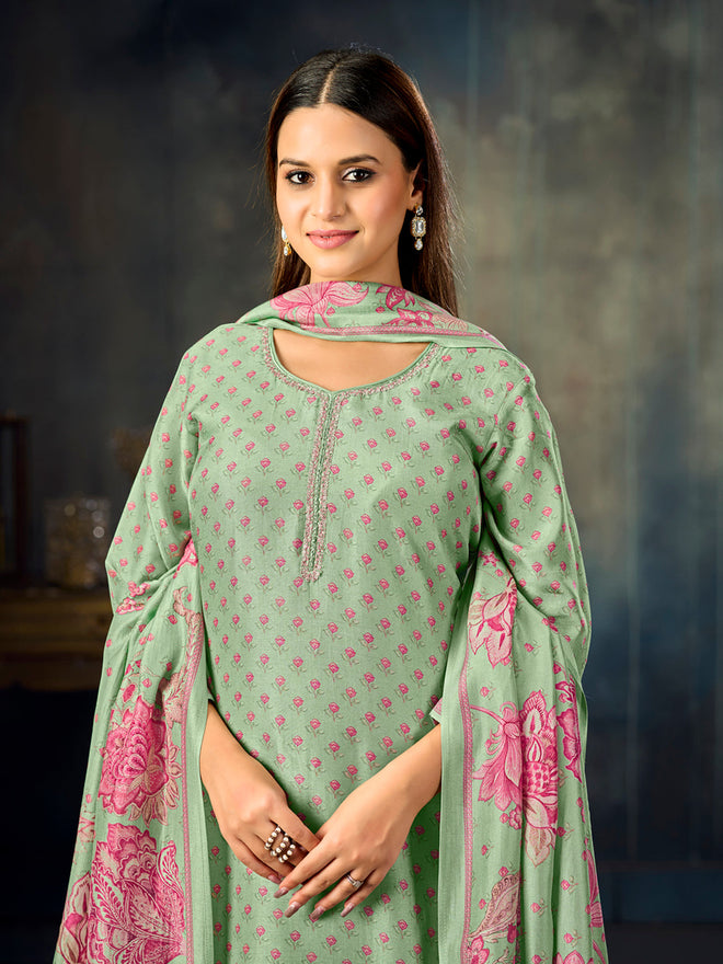 Turquoise Printed With Handwork Straight Kurta With Dyed Trousers And Printed Dupatta