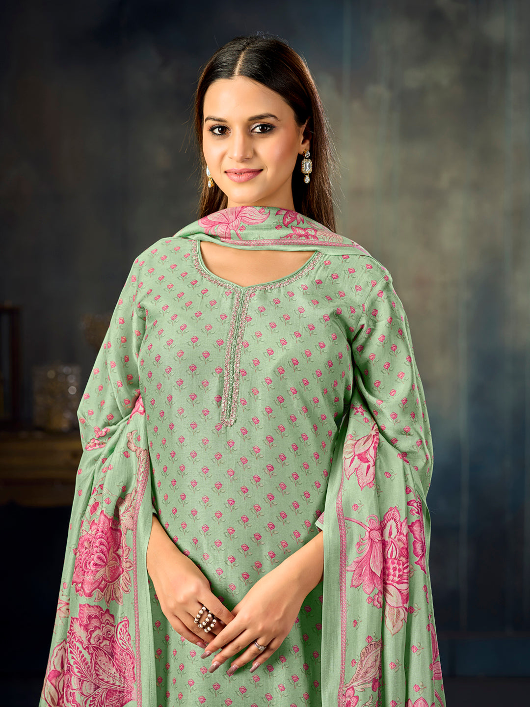 Turquoise Printed With Handwork Straight Kurta With Dyed Trousers And Printed Dupatta