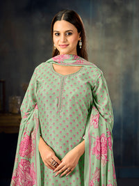 Turquoise Printed With Handwork Straight Kurta With Dyed Trousers And Printed Dupatta