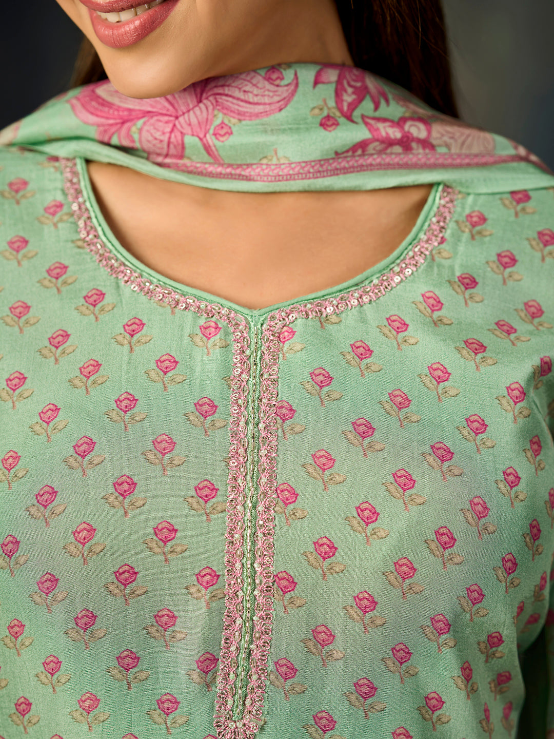 Turquoise Printed With Handwork Straight Kurta With Dyed Trousers And Printed Dupatta