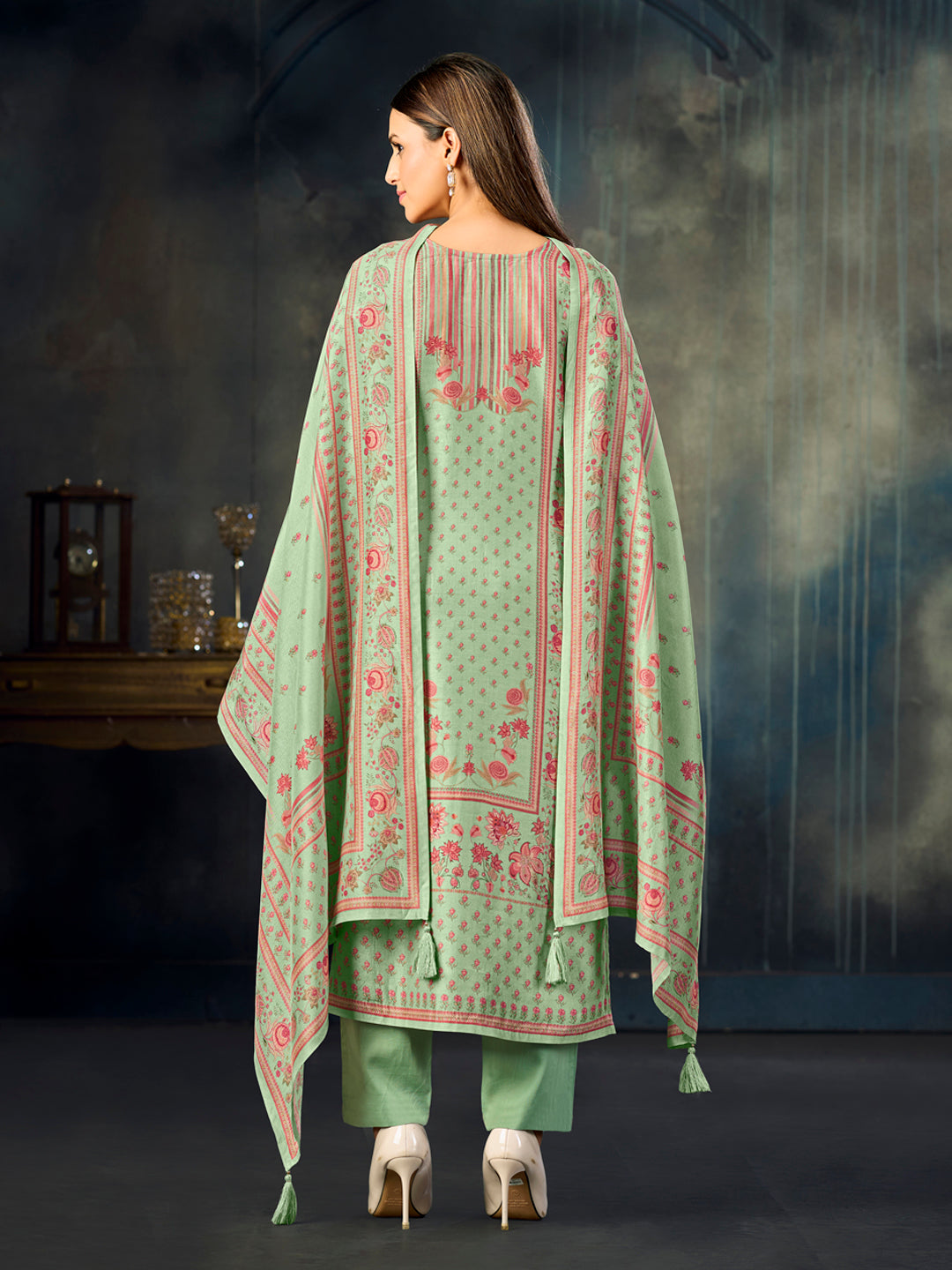 Turquoise Printed With Handwork Straight Kurta With Dyed Trousers And Printed Dupatta