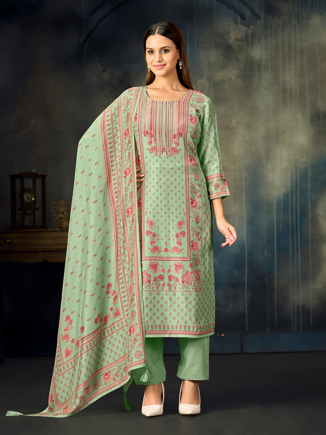 Turquoise Panel Printed With Handwork Straight Kurta With Dyed Trousers And Printed Dupatta