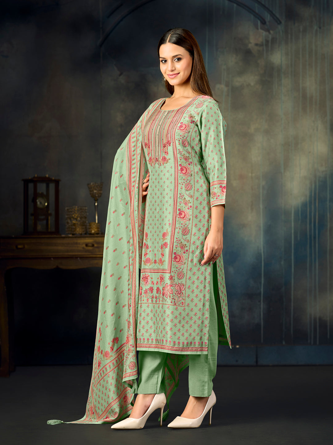 Turquoise Printed With Handwork Straight Kurta With Dyed Trousers And Printed Dupatta