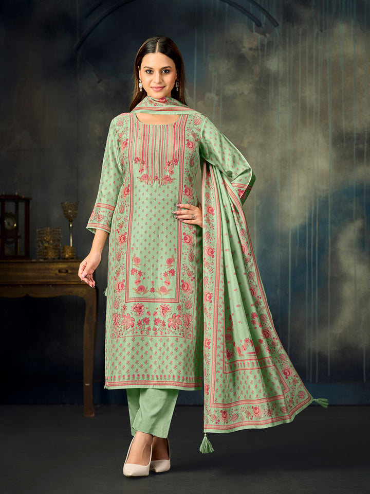 Turquoise Printed With Handwork Straight Kurta With Dyed Trousers And Printed Dupatta