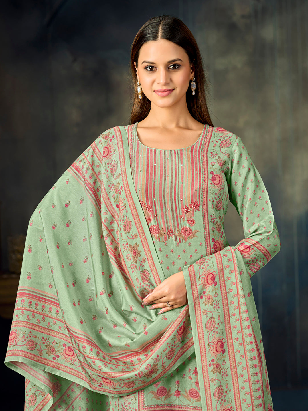 Turquoise Printed With Handwork Straight Kurta With Dyed Trousers And Printed Dupatta