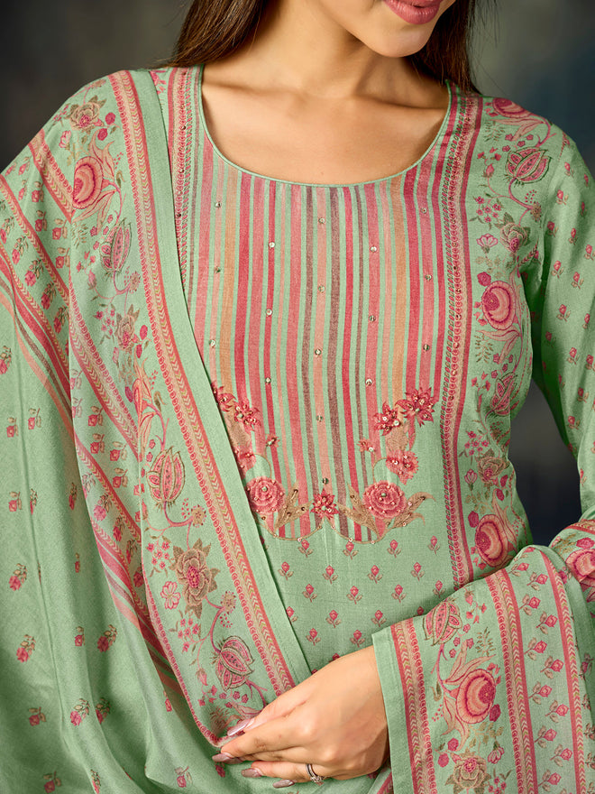 Turquoise Panel Printed With Handwork Straight Kurta With Dyed Trousers And Printed Dupatta