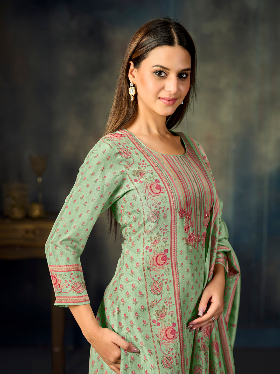 Turquoise Printed With Handwork Straight Kurta With Dyed Trousers And Printed Dupatta