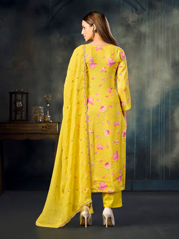 Yellow Printed With Handwork Straight Kurta With Dyed Trousers And Embroidered Dupatta
