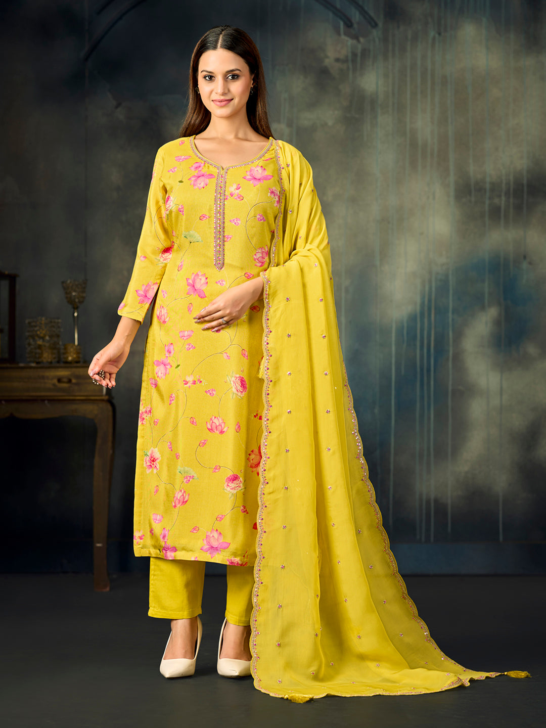 Yellow Printed With Handwork Straight Kurta With Dyed Trousers And Embroidered Dupatta