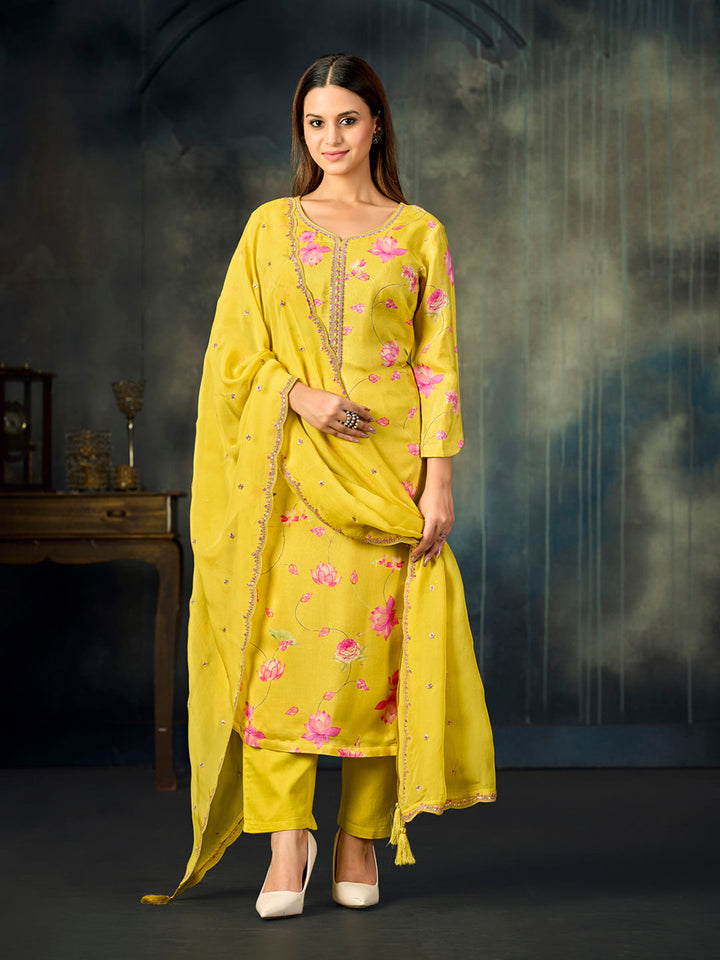 Yellow Printed With Handwork Straight Kurta With Dyed Trousers And Embroidered Dupatta
