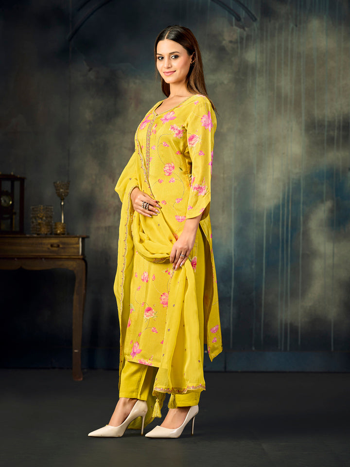 Yellow Printed With Handwork Straight Kurta With Dyed Trousers And Embroidered Dupatta