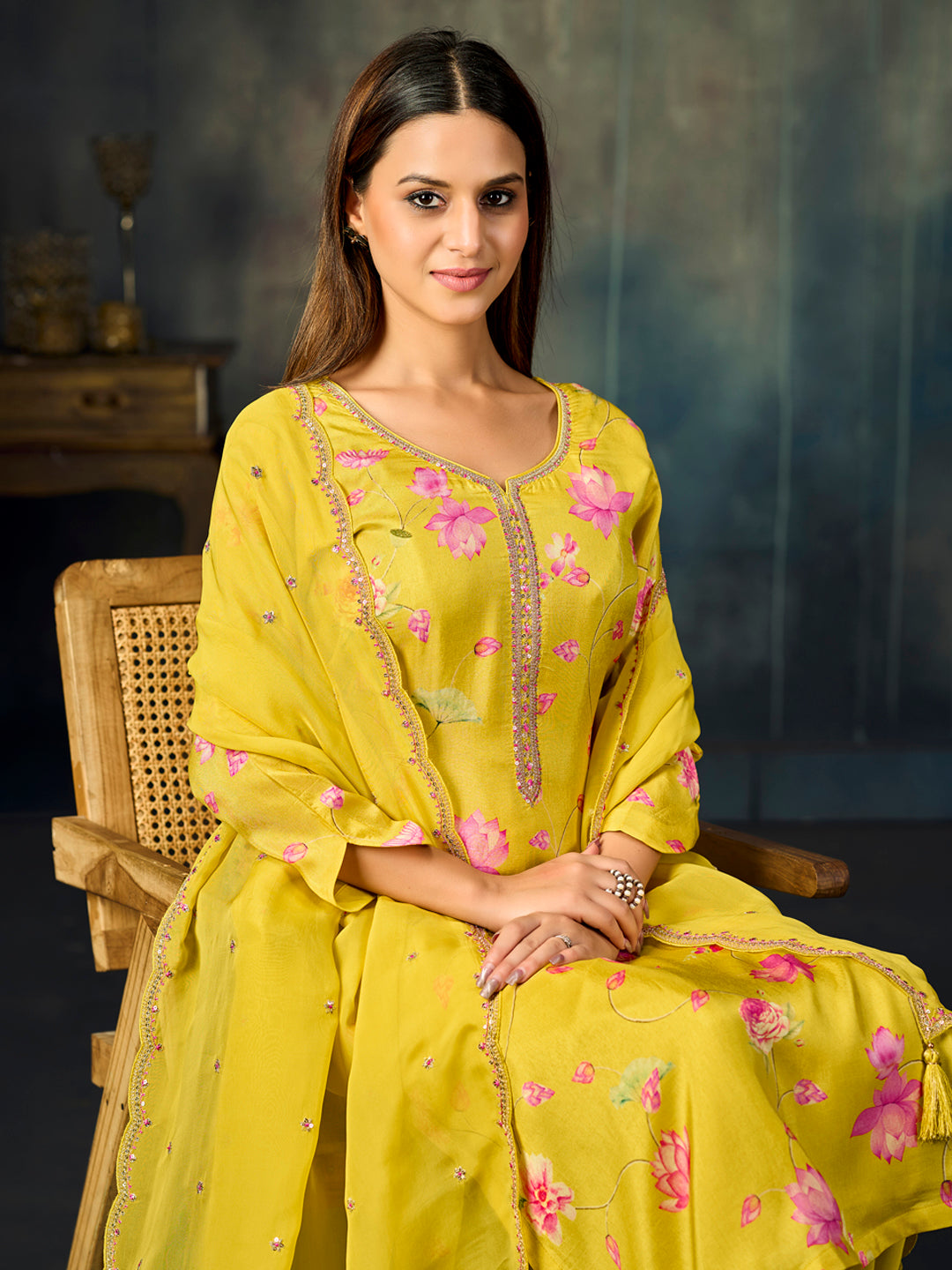 Yellow Printed With Handwork Straight Kurta With Dyed Trousers And Embroidered Dupatta