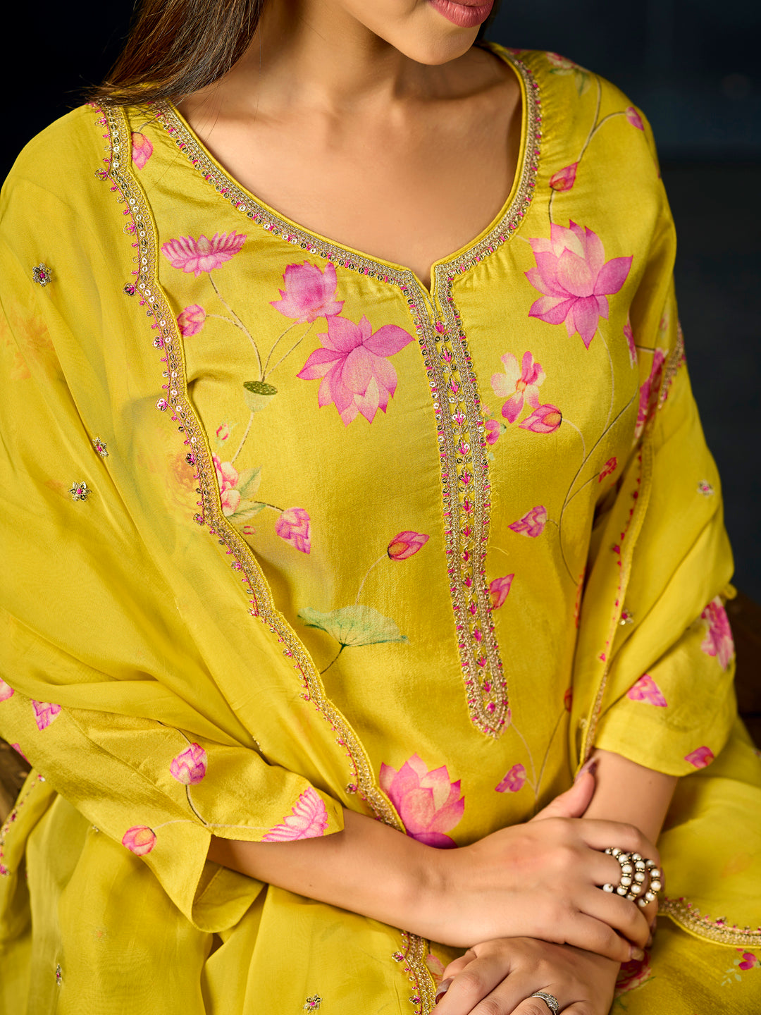Yellow Printed With Handwork Straight Kurta With Dyed Trousers And Embroidered Dupatta