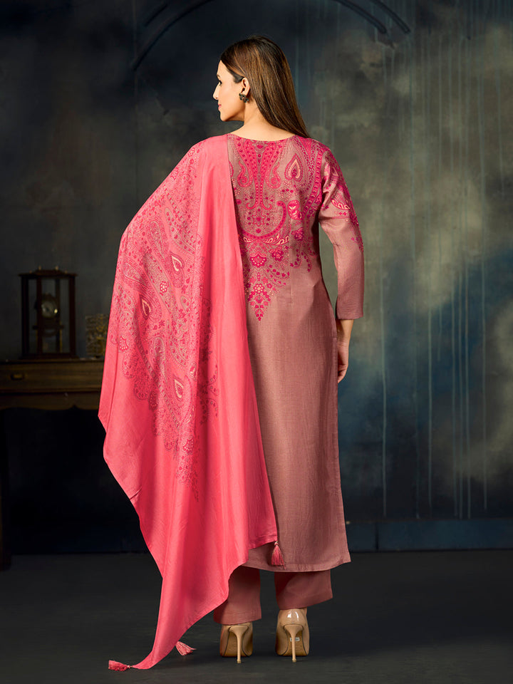 Pink Printed With Handwork Straight Kurta With Dyed Trousers And Printed Dupatta