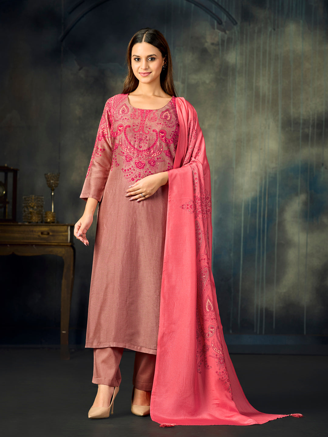 Pink Printed With Handwork Straight Kurta With Dyed Trousers And Printed Dupatta