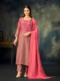 Pink Printed With Handwork Straight Kurta With Dyed Trousers And Contrast Printed Dupatta