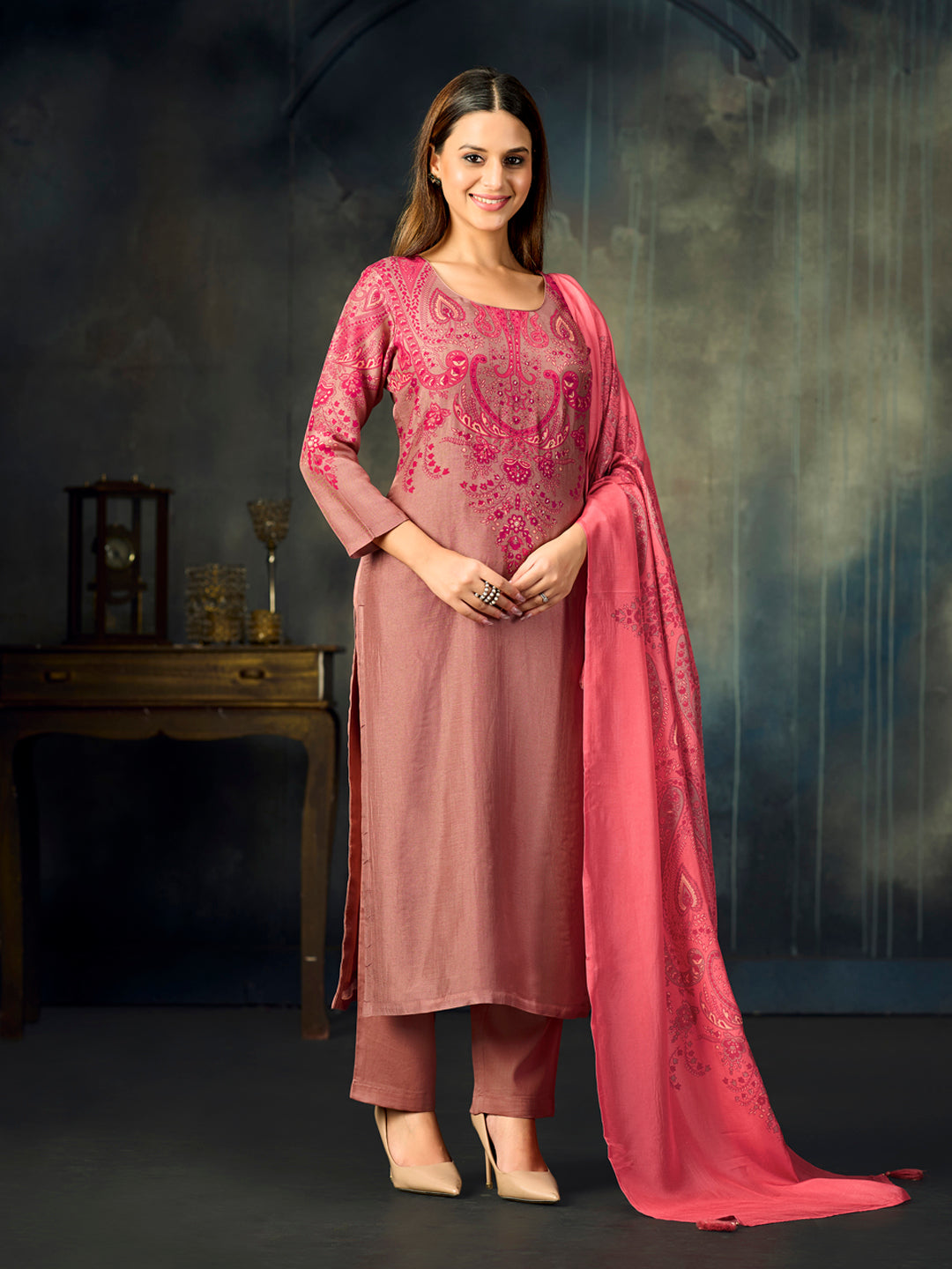Pink Printed With Handwork Straight Kurta With Dyed Trousers And Printed Dupatta