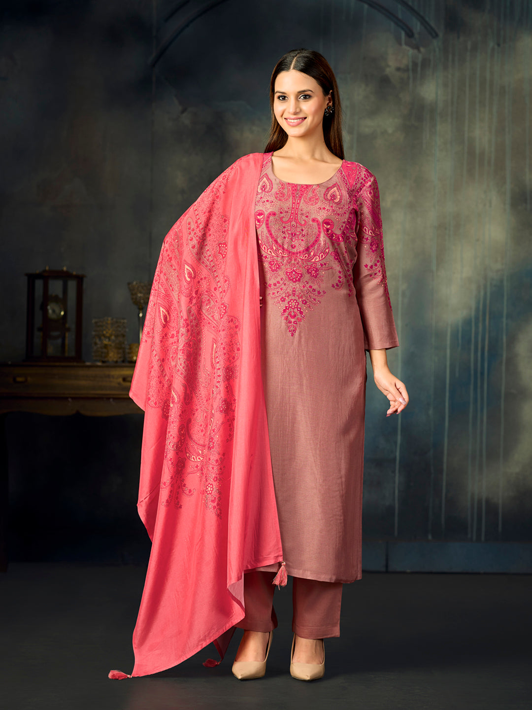 Pink Printed With Handwork Straight Kurta With Dyed Trousers And Printed Dupatta