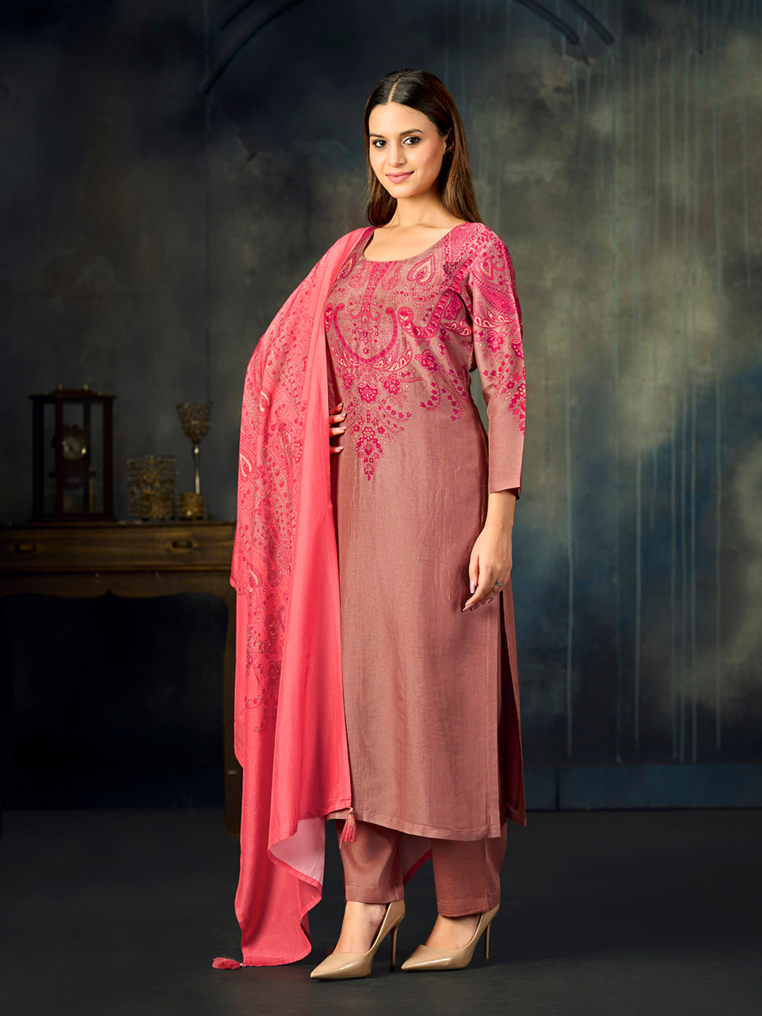 Pink Printed With Handwork Straight Kurta With Dyed Trousers And Printed Dupatta
