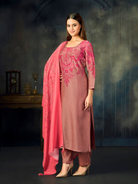 Pink Printed With Handwork Straight Kurta With Dyed Trousers And Contrast Printed Dupatta