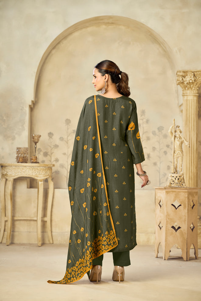 Olive Printed With Handwork Straight Kurta With Dyed Trousers And Flower Printed Dupatta