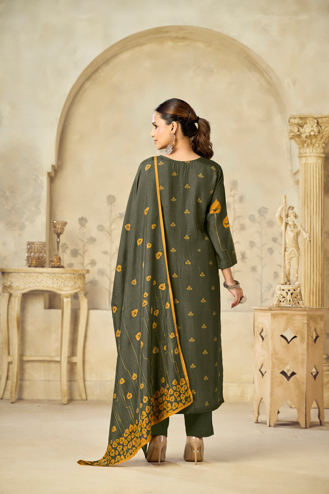 Olive Printed With Handwork Straight Kurta With Dyed Trousers And Printed Dupatta