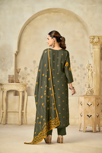 Olive Printed With Handwork Straight Kurta With Dyed Trousers And Flower Printed Dupatta