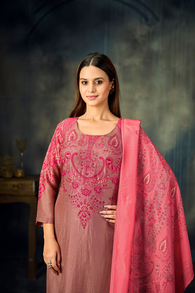 Pink Printed With Handwork Straight Kurta With Dyed Trousers And Contrast Printed Dupatta