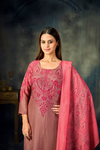 Pink Printed With Handwork Straight Kurta With Dyed Trousers And Contrast Printed Dupatta
