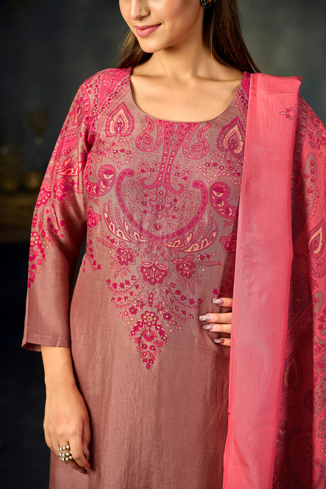 Pink Printed With Handwork Straight Kurta With Dyed Trousers And Contrast Printed Dupatta