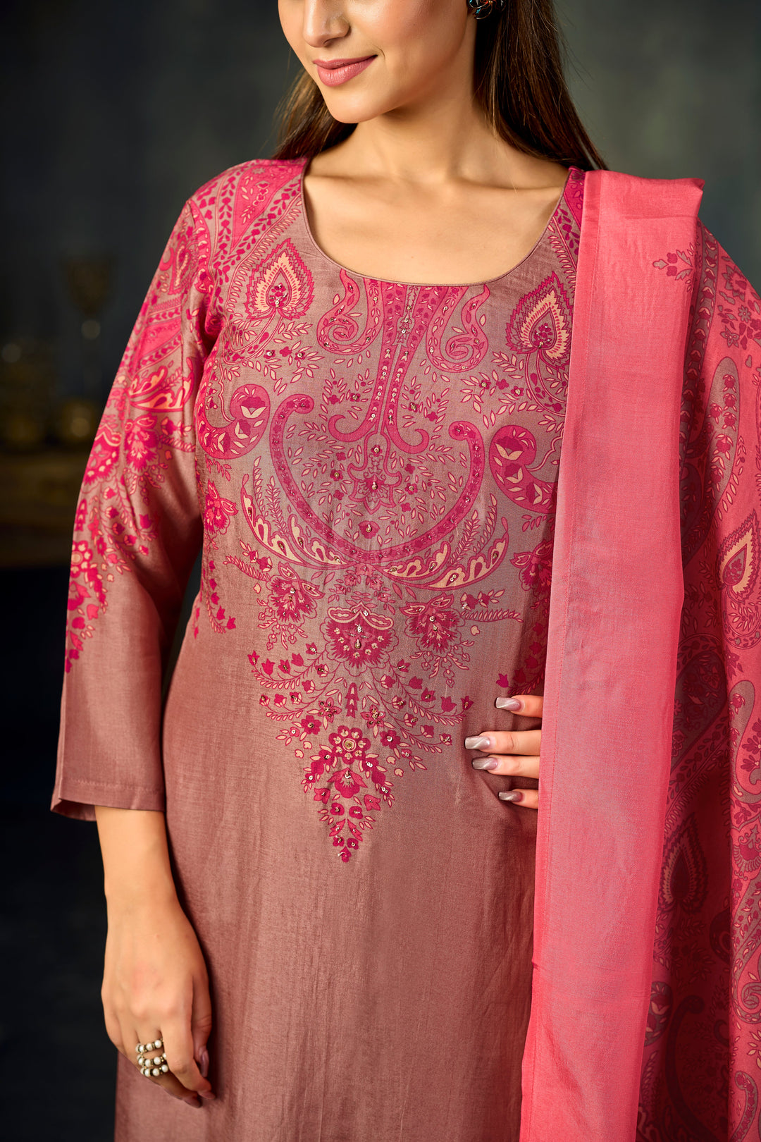 Pink Printed With Handwork Straight Kurta With Dyed Trousers And Printed Dupatta
