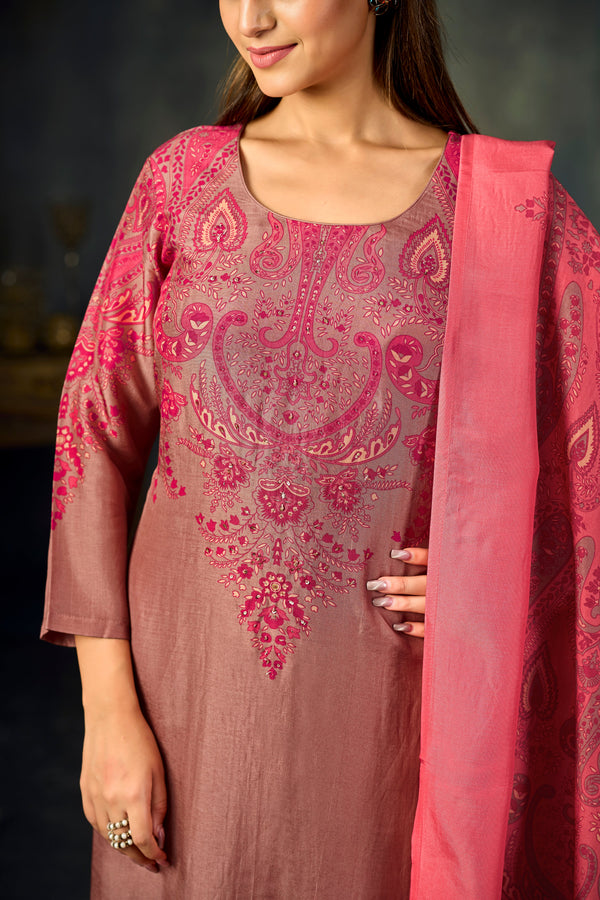 Pink Printed With Handwork Straight Kurta With Dyed Trousers And Contrast Printed Dupatta