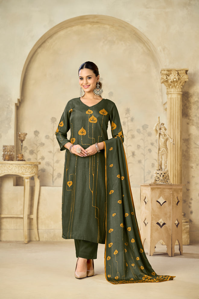 Olive Printed With Handwork Straight Kurta With Dyed Trousers And Flower Printed Dupatta