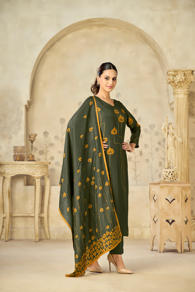 Olive Printed With Handwork Straight Kurta With Dyed Trousers And Flower Printed Dupatta