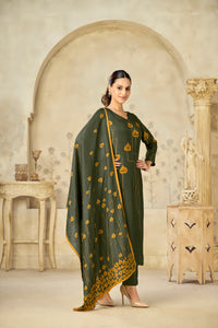 Olive Printed With Handwork Straight Kurta With Dyed Trousers And Flower Printed Dupatta