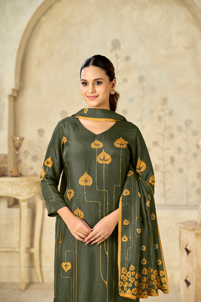 Olive Printed With Handwork Straight Kurta With Dyed Trousers And Flower Printed Dupatta