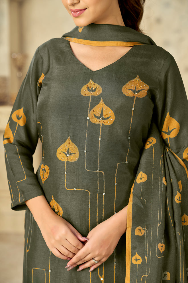 Olive Printed With Handwork Straight Kurta With Dyed Trousers And Flower Printed Dupatta