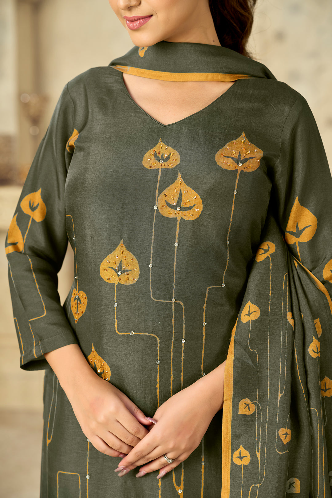 Olive Printed With Handwork Straight Kurta With Dyed Trousers And Printed Dupatta