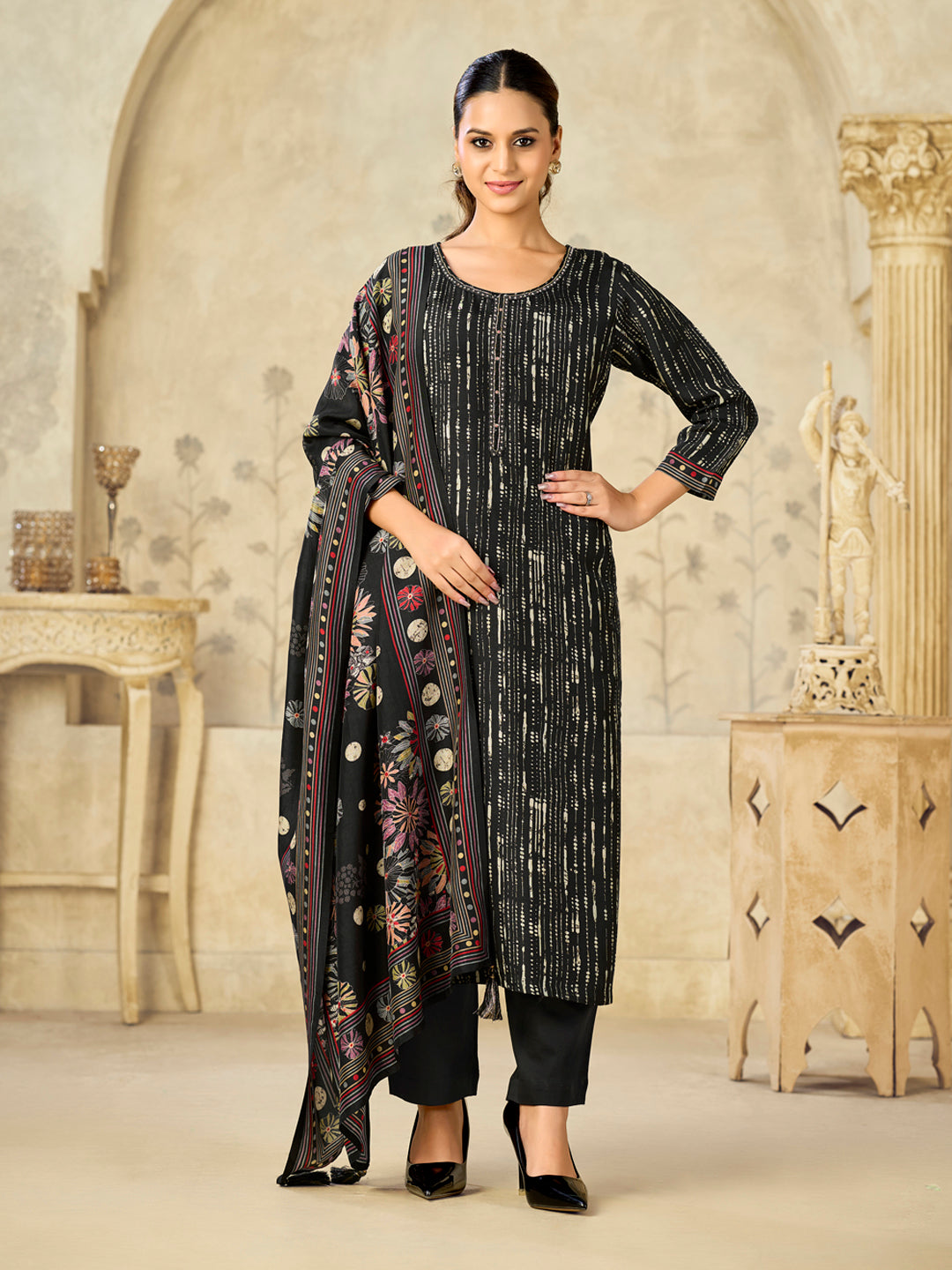 Black Printed With Handwork Straight Kurta With Dyed Trousers And Printed Dupatta