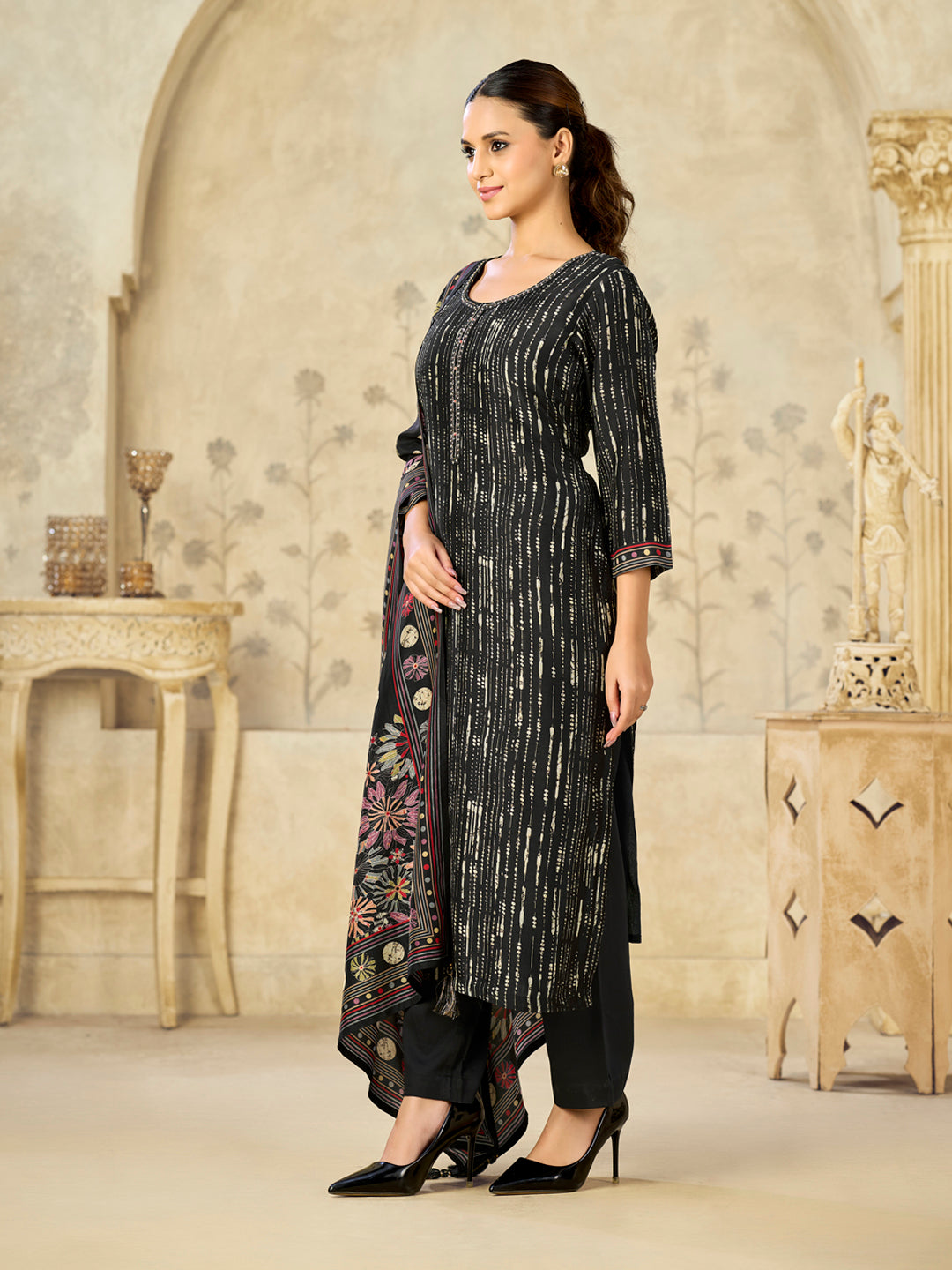 Black Printed With Handwork Straight Kurta With Dyed Trousers And Printed Dupatta