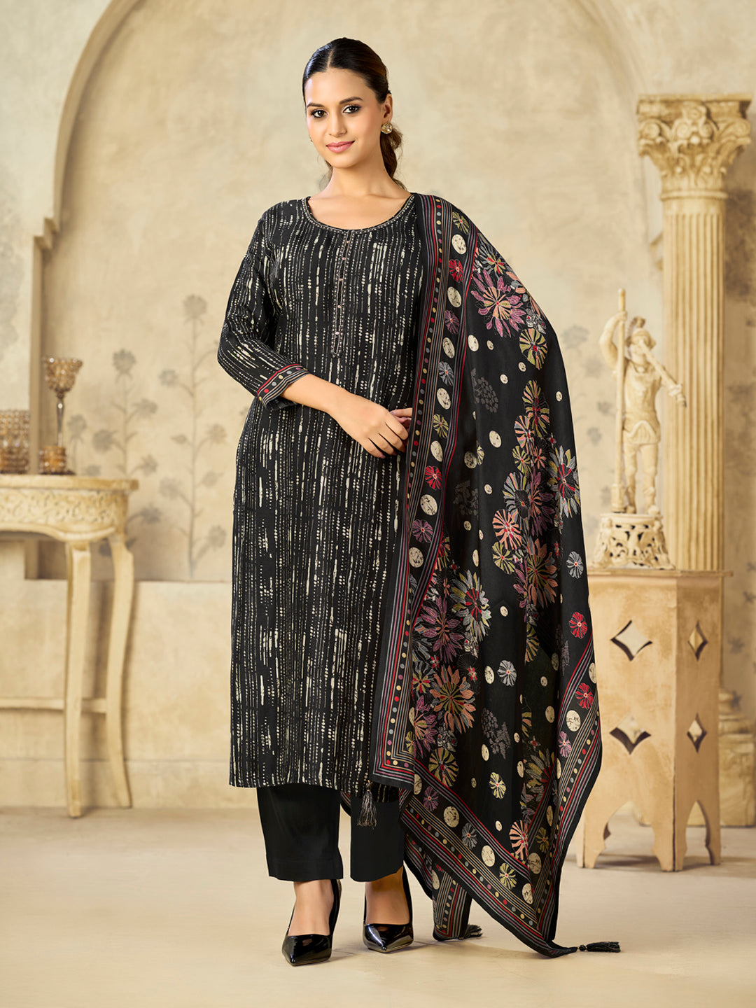 Black Printed With Handwork Straight Kurta With Dyed Trousers And Printed Dupatta