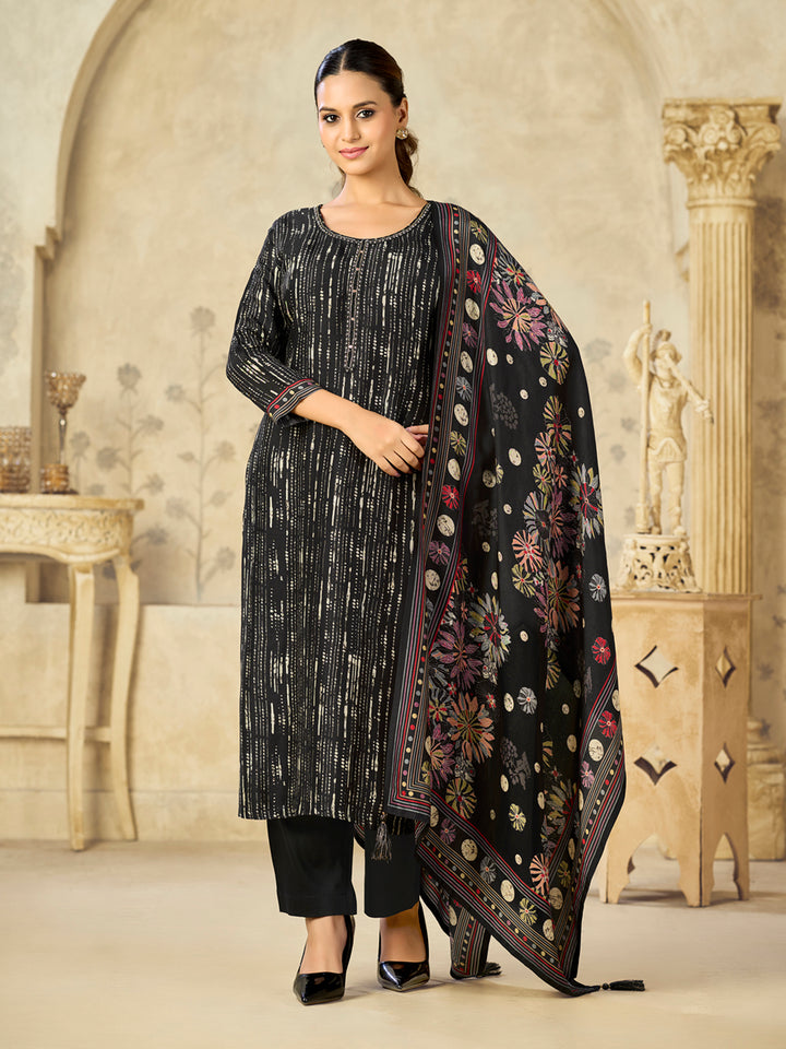 Black Printed With Handwork Straight Kurta With Dyed Trousers And Printed Dupatta