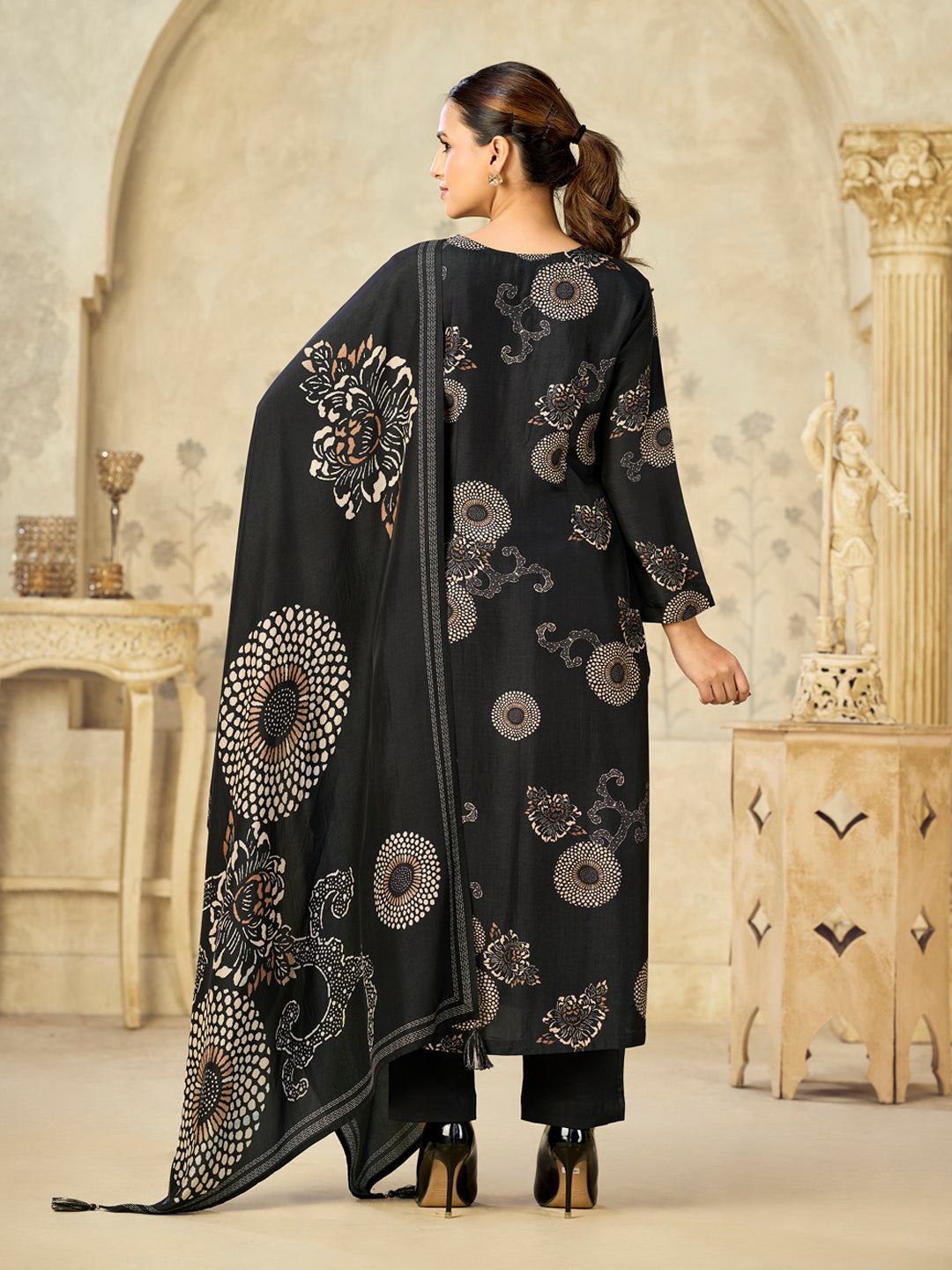 Black Printed With Handwork Straight Kurta With Dyed Trousers And Printed Dupatta