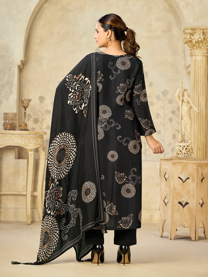 Black Printed With Handwork Straight Kurta With Dyed Trousers And Printed Dupatta