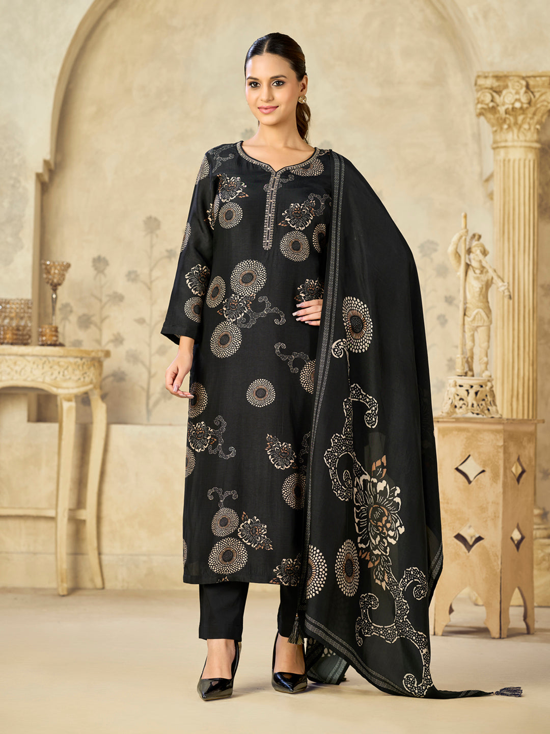 Black Printed With Handwork Straight Kurta With Dyed Trousers And Printed Dupatta