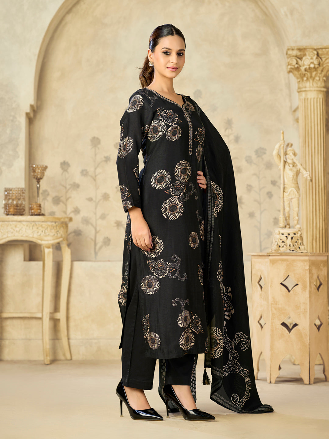 Black Printed With Handwork Straight Kurta With Dyed Trousers And Printed Dupatta
